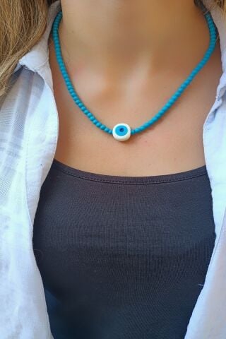 Otantik Cam Mavi Boncuklu, El İşçilği Kolye